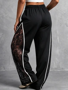 Velvienne Versatile Premium Contrast Lace Plus Size Women's Drawstring Waist Sweatpants - Black and White - View 2