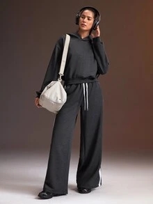 Powerista Women's Drawstring Elastic Waist Double Pocket Side Contrast Stripe Casual Loose Sports Pants - Dark Grey - View 7