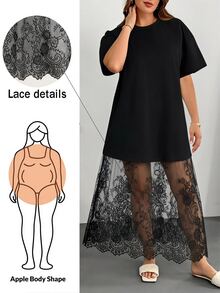 Shapeblank Plus Size Romantic Lace Patchwork Dress, Suitable For Graduation Ceremony, Birthday Party, Elegant And Noble Style, Autumn Outfit - Black - View 1
