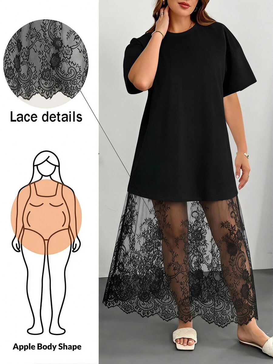Shapeblank Plus Size Romantic Lace Patchwork Dress, Suitable For Graduation Ceremony, Birthday Party, Elegant And Noble Style, Autumn Outfit - Black - View 1