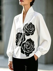 SHEIN Premium Black & White Abstract Rose Pattern V-Neck Long Sleeve Blouse For Women, Raglan Sleeves, Lantern Cuffs, Loose Fit, Casual, Elegant, Commuter, Versatile, Unique, Slimming - White - View 6