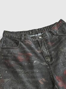 ROMWE Fairycore Mori Style Vintage Plus Size Women's Wide Leg Denim Jeans With Butterfly Floral Print And Distressed Design, Slimming Loose Fit Long Pants For Daily Streetwear - Black - View 4