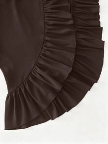 LUMIGAL Elegant Solid Color High Slit Hem Ruffle Trim Spaghetti Strap Long Sleeve Fitted Midi Dress - Brown - View 5