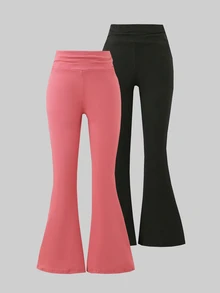 Girls' Teen Soft Comfortable Elastic Flare Casual Long Pants, High Elasticity Skin-Friendly Solid Color Sports Long Pants 2-Piece Set - Multicolor - View 4