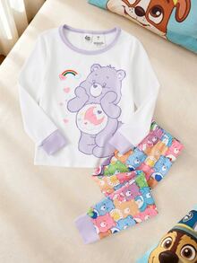 SHEIN X Care Bears GraphicGems 2件組秋冬少女聯名可愛卡通彩色彩虹熊印花柔軟舒適貼身高彈薄款圓領套頭長袖長褲家居服套裝 - 紫色 - 查看 7