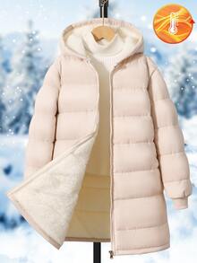 SHEIN 1件少女中長款長袖棉質加厚外套，內裡抓絨，舒適保暖素色外套 - 杏色 - 查看 4