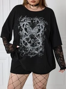 SHEIN CURVE+ 女款大尺碼秋季街頭休閒嬉皮學院龐克哥德風純棉印花寬鬆2合1蕾絲黑色長袖T恤，萬聖節裝扮適用5XL-8XL - 黑色 - 查看 1