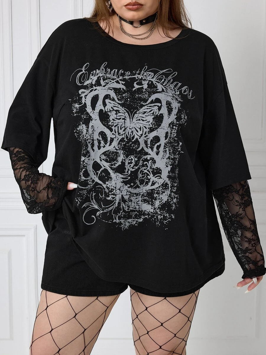 SHEIN CURVE+ 女款大尺碼秋季街頭休閒嬉皮學院龐克哥德風純棉印花寬鬆2合1蕾絲黑色長袖T恤,萬聖節裝扮適用5XL-8XL - 黑色 - 查看 1