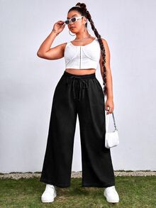 SHEIN EZwear 大尺碼女款純色抽繩腰休閒日常牛仔褲 - 黑色 - 查看 5