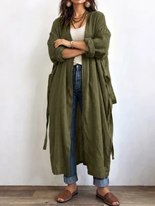 Linhara CURVE Women's Long Casual Linen Jacket, Outdoor Casual, Commute Top - Army Green - View 6