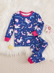 Cozy Pixies 女嬰針織修身睡衣套裝，獨角獸彩虹印花、深色螢光效果，圓領長袖上衣搭配條紋修身長褲，修身版型，適合早秋與秋冬穿著，柔軟舒適可愛風 - 彩色 - 查看 1