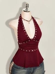 SHEIN ICON 萬聖節女款掛脖露背黑色娃娃裝背心 - 酒紅色 - 查看 9
