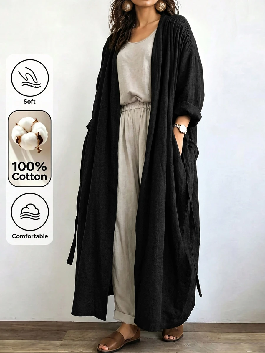 Linhara CURVE Jaket Linen Panjang Kasual Wanita, Pakaian Luar Kasual untuk Jalan-jalan dan Berpergian - Hitam - View 1