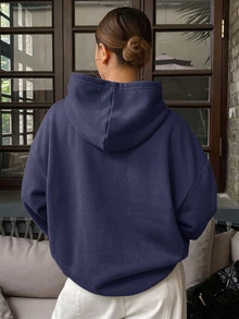 DAZY 連帽休閒保暖內裡素色中性寬鬆女款運動衫 - 藏蓝色 - 查看 2
