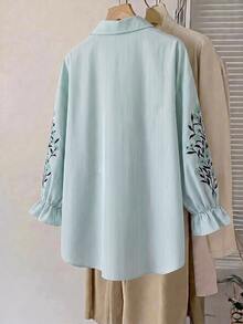 SHEIN CURVE+ 大尺碼女款休閒條紋襯衫，長袖刺繡鈕扣開襟上衣，戶外穿搭上衣 - 薄荷綠 - 查看 2