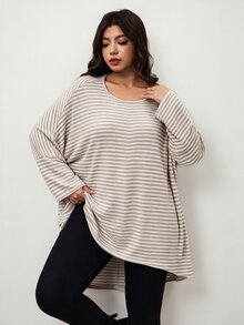 Enliva Plus Size Striped Long Sleeve Tunic Tee With Side Slit Apple - Khaki - View 9