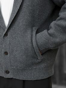 Manfinity CasualCool Solid Color Vertical Ribbed Texture Men's Knit Cardigan With Stand Collar And Zipper Closure, Business Casual Long Sleeve Sweater - Black - View 3