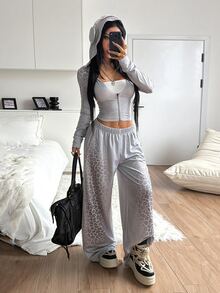 StreetHx Y2K Punk Style Leopard Print Patchwork Hooded Zip-Up Jacket & Gradient Leopard Side Studded Wide Leg Floor-Length Sweatpants 2 Pieces Set - Multicolor - View 6