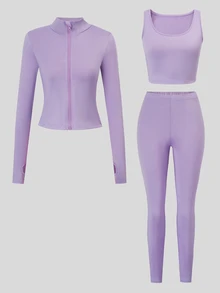 SHEIN 女孩風紫色3件套秋季穿搭，立領夾克＋細肩帶背心＋緊身褲，完整日常套裝，修身健身運動風 - 淡紫色 - 查看 3