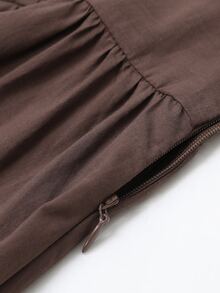 Editum Women's Coffee Brown Elegant Commute Casual Shirt-Style V-Neck Long Dress With Button Decor And Ruched Detail, Slimming And Neck-Elongating - Coffee Brown - View 10