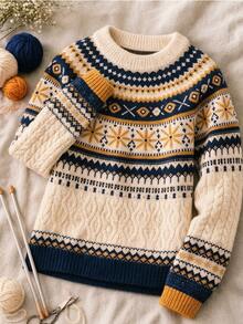 SHEIN Franclia Women's Round Neck Long Sleeve Fair Isle Vintage Sweater - Apricot - View 3