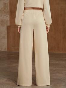 Anewsta Cream White Floral Embroidered Elastic Waist Drapey Wide Leg Soft Style Casual Slimming Versatile Straight Leg Women's Sweatpants - Beige - View 7