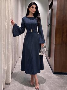 NOVVYNE Spring/Autumn French Style Commuter Elegant Polka Dot Cinched Cinched Waist Ruched Drawstring Flared Sleeve Long Dress For Women - Navy Blue - View 4