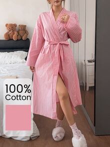 Napfluff رداء نسائي طويل من القطن 100% مخطط مع جيوب، ملابس منزلية كاجوال - بطيخ وردي اللون - مشاهدة 4