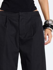 MUSERA Black Low Rise Pleated Trousers Fall Winter Women Outfit Casual - Black - View 5
