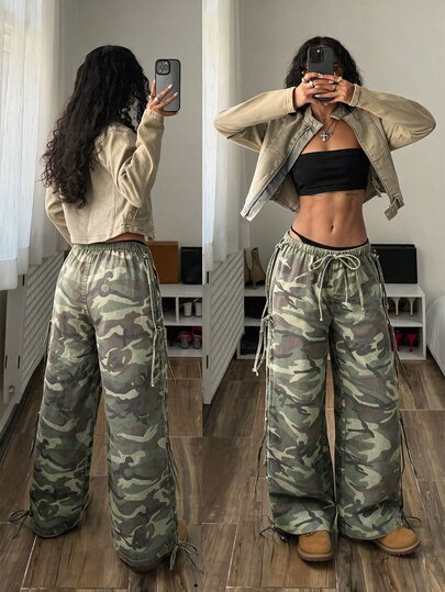 StreetHx Blugi denim casual largi pentru femei, cu talie elastică cu șnur, camuflaj și decor cu legătură laterală