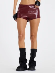 MUSERA Red PU Mini Micro Hot Pants Shorts Fall Winter Women Outfit Casual - Burgundy - View 1