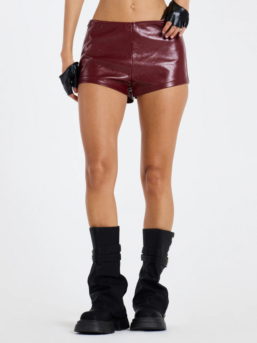 MUSERA Red PU Mini Micro Hot Pants Shorts Fall Winter Women Outfit Casual - Burgundy - View 1