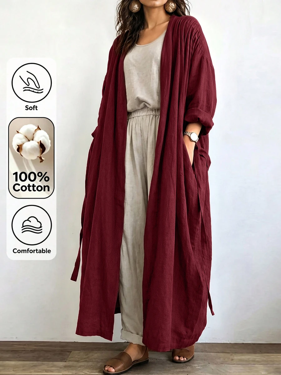 Linhara CURVE Jaket Linen Panjang Kasual Wanita, Atasan Kasual untuk Jalan-jalan dan Berpergian - Burgundy - View 1