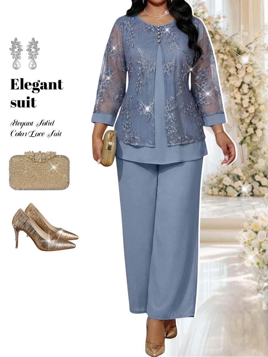 SHEIN Lady Women's Contrast Lace 2 In 1 Top And Pants Elegant Set - Blue - View 1