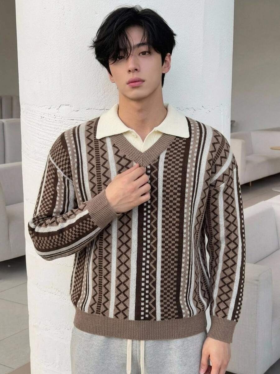 DAZY 男士秋冬 2 合 1 Polo 領復古圖案針織毛衣 - 彩色 - 查看 1