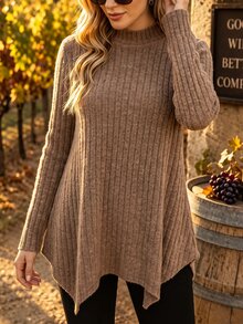 Velvienne Women's Plus Size Long Sleeve Casual T-Shirt, Asymmetrical Hem Design, Brushed Fabric, Autumn/Winter, Casual Commute, Outdoor Wear - Brown - View 7