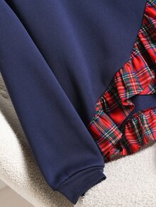 CosyJoli Women's Patchwork Plaid Ruffle Hem Long Sleeve Crew Neck Sweatshirt - Navy Blue - View 4