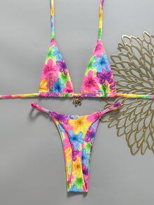 Swim Mod Set Pakaian Renang Bikini Dua Potong Wanita Motif Polkadot Cokelat dan Biru dengan Tali Leher, - MultiWarna - View 2