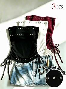 IslaSuriya 3件組女款串珠抹胸上衣，抽繩抓皺休閒上衣 - 彩色 - 查看 2