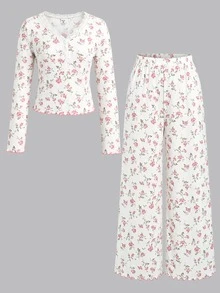 SHEIN Teen Girl Teen Girl Sweet Simple Pink Ditsy Floral V-Neck Half-Open Front Lace Trim Ruffle Long Sleeve Pants Soft Comfortable Loungewear Pajama Set 2pcs - White - View 4