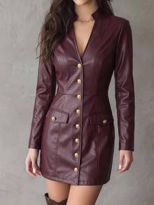 Solivie Women's Autumn/Winter Short Stand Collar Burgundy PU Leather Dress Party Dress Country Concert Outfit Vintage - Burgundy - View 2