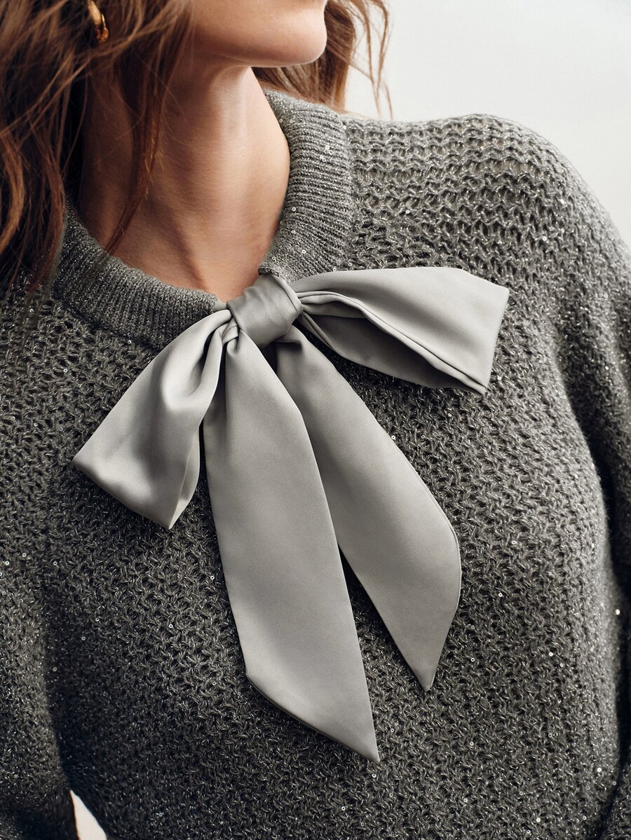 Briarwyn Women's Solid Color Knot Neck Design Long Sleeve Fashion Sweater - Grey - View 1