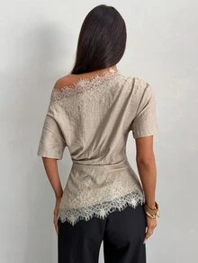 Aloruh Women's Commuter Asymmetric Shoulder Ruched Lace Patchwork Short Sleeve Blouse - Khaki - View 2