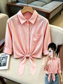 Franclia Blus Wanita Lengan Panjang Warna Pink Musim Semi/Gugur dengan Tali Pinggang dan Manset Gulung, Panjang Pendek yang Melangsingkan - Berwarna merah muda - View 4