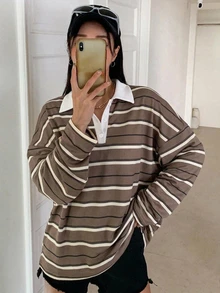 DAZY 女款對比色條紋領鈕扣寬鬆長袖T恤 - 黑色 - 查看 1