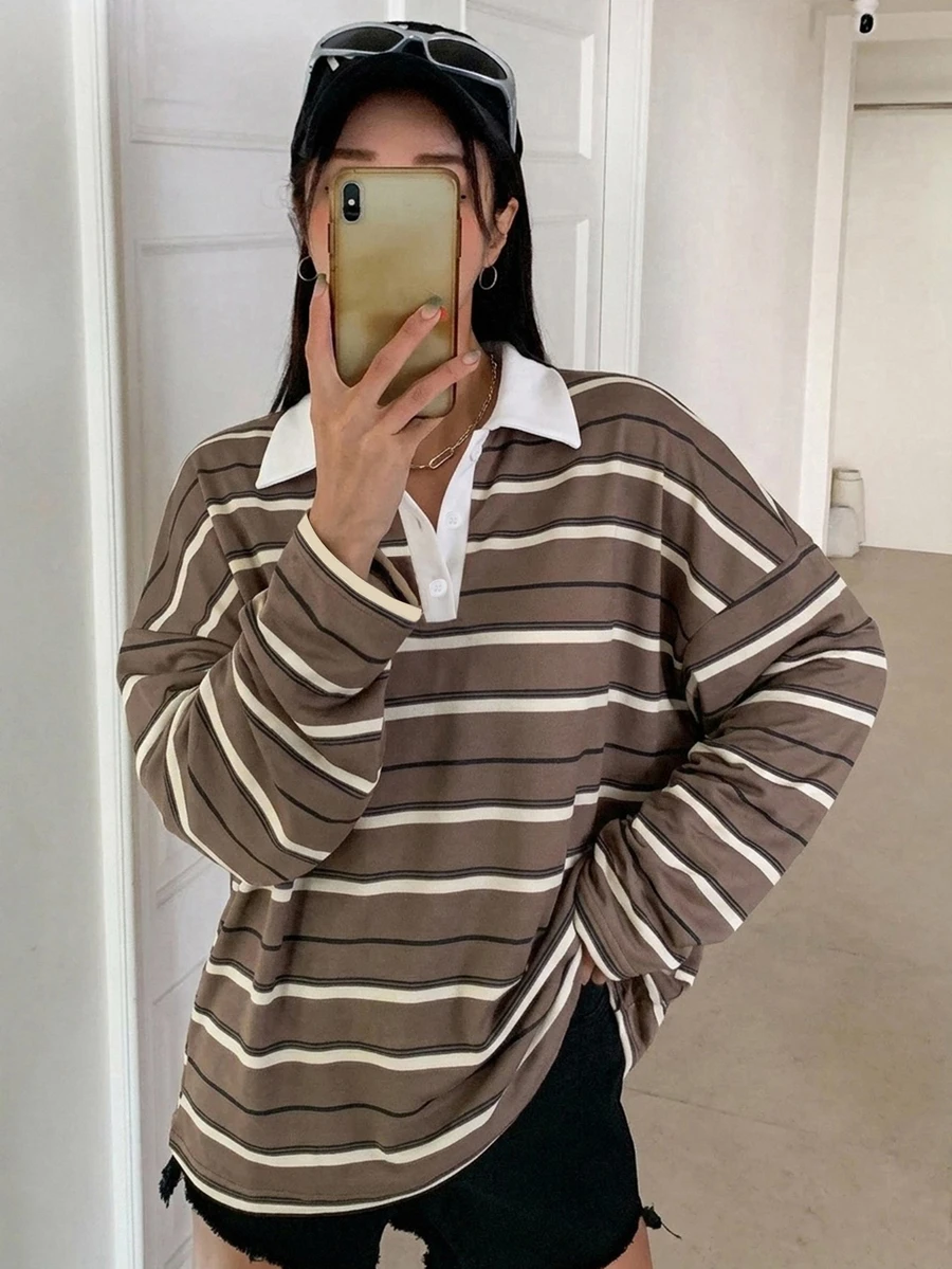 DAZY 女款對比色條紋領鈕扣寬鬆長袖T恤 - 黑色 - 查看 1