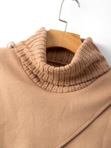 GlowEve Women's Brown Maillard Style High Neck Wool Blend Patchwork Brushed Ribbed Collar Elegant Commuter Autumn/Winter - Khaki - View 4