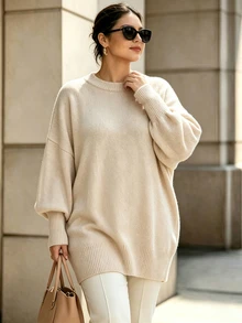 Trelyra Plus Size Women's Solid Color Casual Daily Long Sleeve Sweater - Apricot - View 4