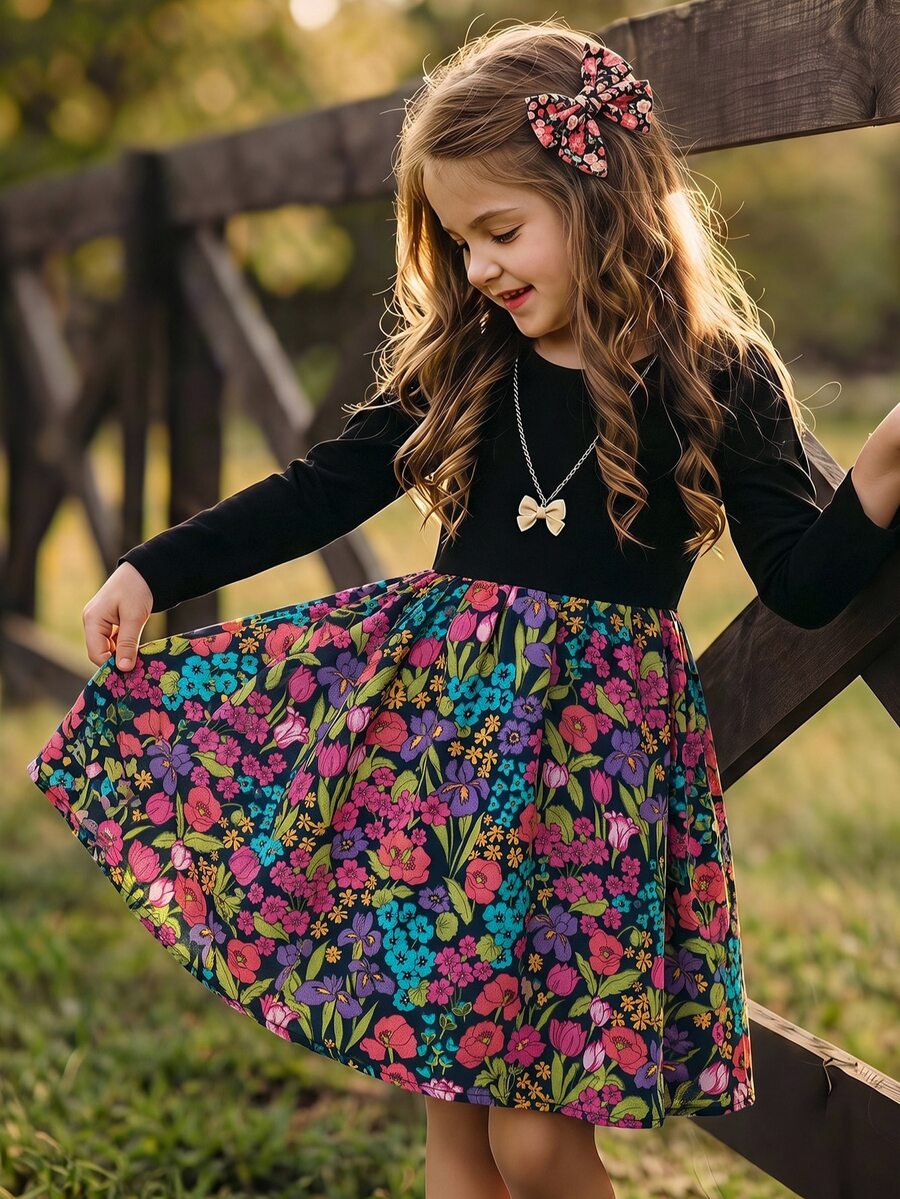Young Girl Knitted Solid Color Round Neck Patchwork Floral Fitted Casual Autumn/Winter Dress - Black - View 1