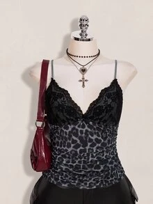 SHEIN ICON 大尺碼女款蕾絲拼接豹紋細肩帶背心 - 灰色 - 查看 3